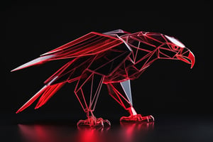 Abstract art of an origami eagle using glass, black red  neon lights, creating high-contrast sharp silhouettes in a minimalist setting, background is dark satin