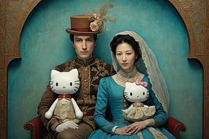 portrait of Woody and Hello Kitty as a happy married couple, in the style of enchanting surrealism, portrait with hidden meanings, illusory images, jamie heiden, dark azure and aquamarine, texture-rich canvases, whimsical beauty, qajar art 