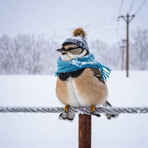 bird with a warm hat, scarf, freezing, snow, snowfall, sitting on a powerline,