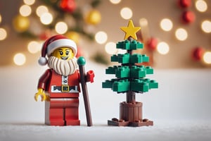 Lego santa clause and a lego christmas tree, warm lighting, background bokeh, christmas time