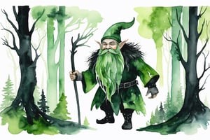 Flowing green and pitch black watercolor paint strokes of a mystical dwarf in the woods