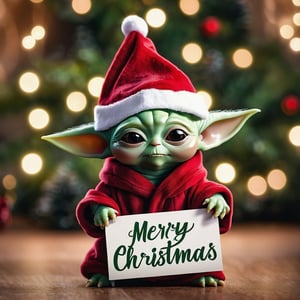 A baby Yoda with Christmas hat, holding up a sign with "Merry Christmas", bokeh, background is cozy room with Christmas tree, warm lightning, dimmed light