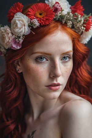 A photo of a (woman adorned with flowers:1.3), (vivid red hair:1.2), (piercing gaze:1.4), floral headpiece, (soft petals against skin:1.1), (natural beauty:1.2), (contrast of colors:1.3), intimate portrait, Canon EOS 5D Mark IV, 1/200s, f/2.8, ISO 100, (depth of field:1.1), (delicate bloom textures:1.2), (poetic composition:1.3).

