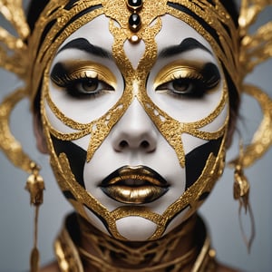 Rorschach editorial photography, Extreme close-up photo of a woman face, neo-tribal art, bokeh, gold lips
