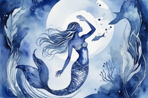 Flowing indigo and moonlight silver watercolor paint strokes of a mystical mermaid swimming in a serene underwater kingdom