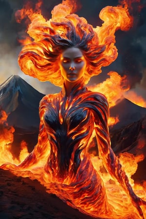 Raw photo, a woman embodying a pyroclastic pulse, the form merging with a magma maelstrom and flame geysers. The figure is a fusion of human elegance and volcanic power, with eyes glowing like lava and hair flowing in fiery streams. The background features erupting volcanoes, highlighting her as the nexus of volcanic fury and beauty. Aim for a style that combines realism with fantasy, focusing on the interplay of fire, smoke, and molten textures to showcase her dynamic presence,faize,DonMF1r3XL
