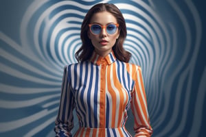 colorful woman with colorful outfit in an optical art, in the style of fashion photography, captured by Light L16, fantastic realism, volumetric lighting, fluid color combinations, matte photo, stripes and shapes, orange and blue 