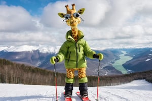 Anthropomorphic small green giraffe, wearing a thick down jacket, skiing in the cold winter, lovely appearance, in nordic mountains
