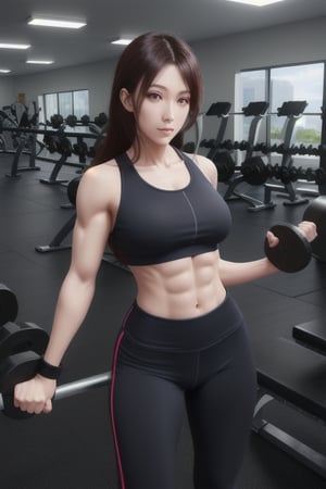 A confident and powerful muscle mommy stands tall in a modern gym, her sculpted physique illuminated by the bright lights. She wears a form-fitting workout outfit, her curves accentuated by vibrant colors and bold lines in an anime illustration style.
4k image quality