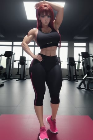 A confident and powerful muscle mommy stands tall in a modern gym, her sculpted physique illuminated by the bright lights. She wears a form-fitting workout outfit, her curves accentuated by vibrant colors and bold lines in an anime illustration style.
,1GIRL RIAS_GREMORY