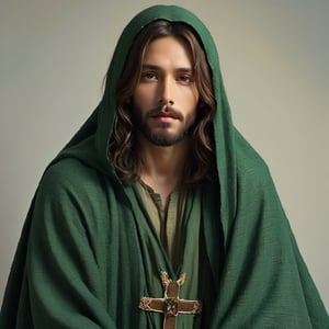 (xxmix Jesus son of god), jesus Christ in dark green is posing for a photo for a Cloak, in the style of kawaii charm, contemporary realist portrait photography, mori kei, 32k uhd, frayed, infinity nets, studio portrait ,xxmix Jesus son of god