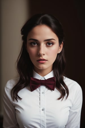 photography of a 25yo woman, masterpiece,  maroon bow tie, intense look
