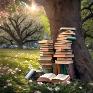 books blooming from a large tree, photorealistic hyperrealism, studio photography, hdr, 8k, cinematic lighting, dramatic lighting