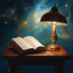 (book design), background universe, lamp on a table, detailed, soft lights, by Alyssa Monks