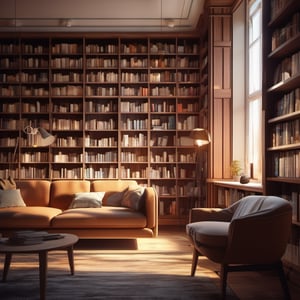 library, cosy interior, modern wood panelling, comfortable sofa, snowfall through the window, regular windows, fire in the fireplace, slightly warm colours, spotlights and non-direct light, carpet, small room, late afternoon, lights on