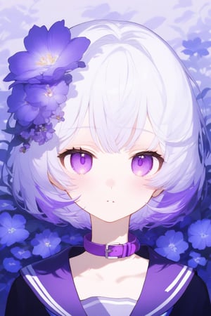 1girl, androgynous, collar, cropped shoulders, expressionless, floral background, flower, flower neckwear, hair flower, hair ornament, light blush, looking at viewer, multicolored hair, portrait, purple collar, purple eyes, purple hair, sailor collar, short hair, solo, white hair