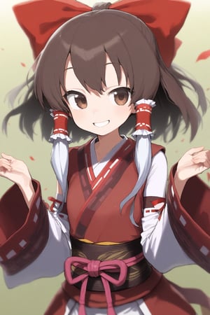 1girl, adapted costume, bow, brown eyes, brown hair, detached sleeves, hair bow, hair tubes, long sleeves, looking at viewer, obi, red bow, ribbon-trimmed sleeves, ribbon trim, sash, smile, solo, upper body, wide sleeves