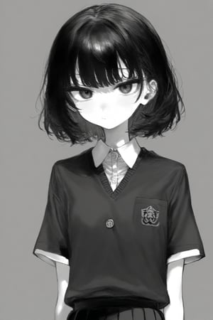 1girl, audio jack, buttons, closed mouth, collared shirt, grey background, greyscale, looking at viewer, monochrome, necktie, school uniform, shirt, short hair, short sleeves, simple background, skirt, solo, u.a. school uniform, upper body