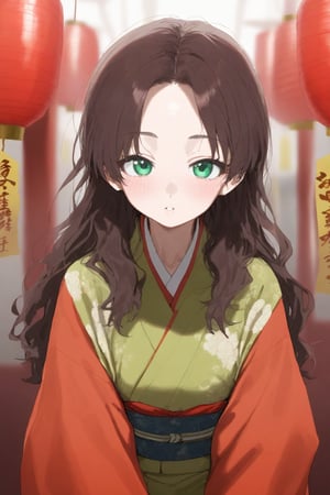 1girl, brown hair, green eyes, japanese clothes, long hair, looking at viewer, new year, parted lips, solo