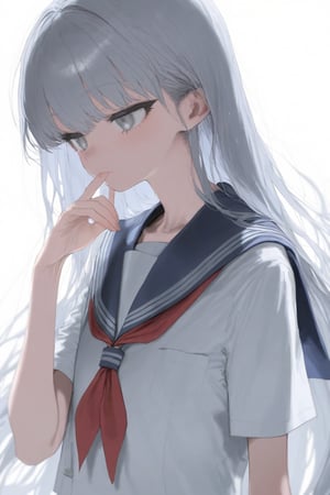 1girl, blue sailor collar, closed mouth, finger to mouth, grey eyes, grey hair, long hair, sailor collar, school uniform, serafuku, shirt, short sleeves, solo, upper body, very long hair, white background, white shirt
