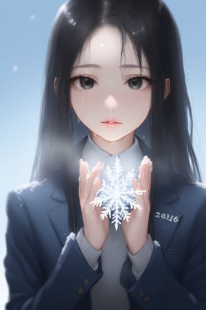 1girl, 2016, black eyes, black hair, breathing on hands, english text, happy new year, jacket, kibito high school uniform, long hair, looking at viewer, new year, parted lips, portrait, school uniform, snowflakes, solo, wet