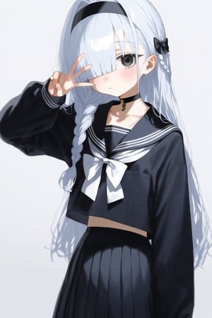 1girl, black choker, black eyes, black hairband, black jacket, black sailor collar, black serafuku, black shirt, black skirt, blunt bangs, blush, bow, braid, choker, circle, collarbone, expressionless, hair bow, hair intakes, hair over one eye, hairband, hand up, jacket, long hair, long sleeves, looking at viewer, neckerchief, no halo, pleated skirt, sailor collar, school uniform, serafuku, shirt, simple background, single braid, skirt, solo, v, white background, white bow, white hair, white neckerchief
