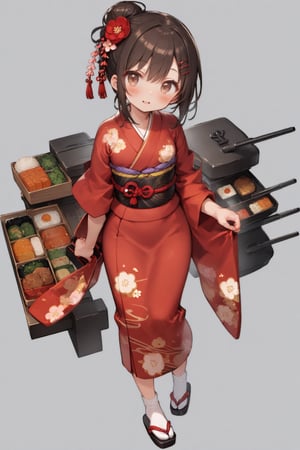 1girl, :o, alternate hairstyle, anchor, bento, black hair, blush, brown eyes, floral print, food, full body, hair bun, hair ornament, hairpin, holding, japanese clothes, kimono, long hair, looking at viewer, machinery, new year, parted lips, sandals, sash, single hair bun, sleeves pushed up, smile, socks, solo, standing, tabi, transparent background, white socks