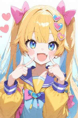 1girl, :d, blonde hair, blue bow, blue eyes, blue hair, blue shirt, blunt bangs, blush, blush stickers, bow, fang, fingers to cheeks, hair bow, hair ornament, hands up, heart, heart hair ornament, long hair, long sleeves, looking at viewer, multicolored hair, open mouth, pill, pink bow, pink hair, purple bow, quad tails, sailor collar, shirt, skin fang, smile, solo, twintails, upper body, yellow bow
