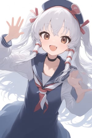 1girl, :d, blush, brown eyes, choker, dress, fang, hair tubes, hairband, hat, headgear, lifebuoy, long hair, long sleeves, looking at viewer, mini hat, open mouth, sailor collar, sailor dress, simple background, smile, solo, tooth, two side up, upper body, waving, white background, white hair