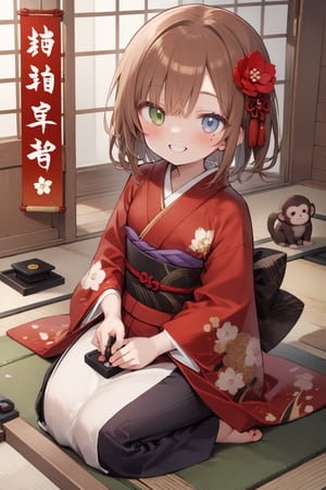 1girl, akeome, animal, blue eyes, brown hair, calligraphy, calligraphy brush, flower, green eyes, hair flower, hair ornament, happy new year, heterochromia, inkstone, japanese clothes, kakizome, kimono, looking at viewer, mole, mole under eye, monkey, new year, obi, paintbrush, sash, seiza, sitting, smile, solo