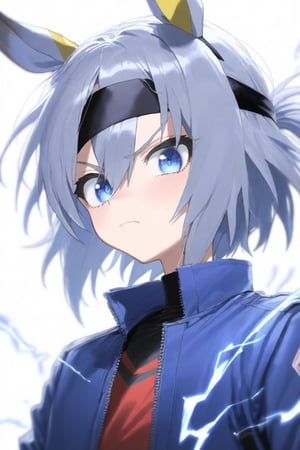 1girl, animal ears, blue eyes, blue jacket, blue shirt, closed mouth, cropped torso, frown, grey hair, hair between eyes, hairband, headband, horse ears, jacket, lightning bolt symbol, looking at viewer, shirt, simple background, solo, upper body, white background