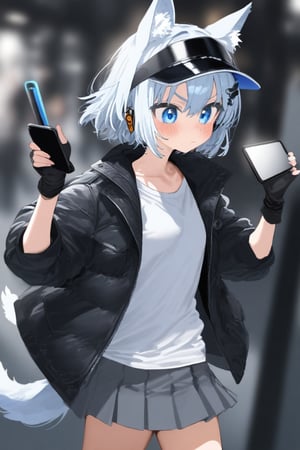 1girl, animal ears, black headwear, black jacket, blue eyes, blurry, blurry background, blush, bone hair ornament, cartoon bone, closed mouth, depth of field, fingerless gloves, gloves, grey gloves, grey skirt, hair ornament, hand up, holding, jacket, open clothes, open jacket, pleated skirt, shirt, skirt, solo, tablet pc, tail, v-shaped eyebrows, visor cap, white shirt
