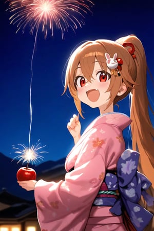 1girl, :d, >_<, aerial fireworks, candy apple, fang, fireworks, food, hair between eyes, hair ornament, high ponytail, holding, holding food, japanese clothes, kimono, light brown hair, long hair, long sleeves, looking at viewer, looking to the side, night, night sky, obi, open mouth, pink kimono, ponytail, print kimono, rabbit hair ornament, red eyes, sash, sky, smile, solo, unmoving pattern, upper body, virtual youtuber, wide sleeves, yagasuri