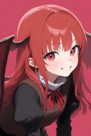 1girl, blush, head wings, juliet sleeves, leaning forward, long hair, long sleeves, looking at viewer, puffy sleeves, red eyes, red hair, simple background, smile, solo, two-tone background, upper body, vest, wings