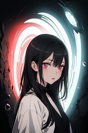 1woman(black hair, red eyes), absurdres, highres, ultra detailed, (1girl:1.3),BREAK, infrared photography, otherworldly hues, surreal landscapes, unseen light, ethereal glow, vibrant colors, ghostly effect,Marin Kitagawa,kitagawa marin sb