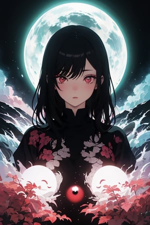 1woman(black hair, red eyes), absurdres, highres, ultra detailed, (1girl:1.3),BREAK, infrared photography, otherworldly hues, surreal landscapes, unseen light, ethereal glow, vibrant colors, ghostly effect,kitagawa marin sb
