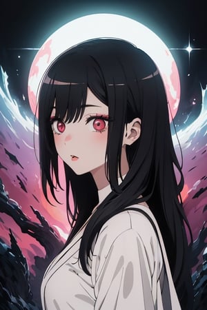 1woman(black hair, red eyes), absurdres, highres, ultra detailed, (1girl:1.3),BREAK, infrared photography, otherworldly hues, surreal landscapes, unseen light, ethereal glow, vibrant colors, ghostly effect,Marin Kitagawa,kitagawa marin sb