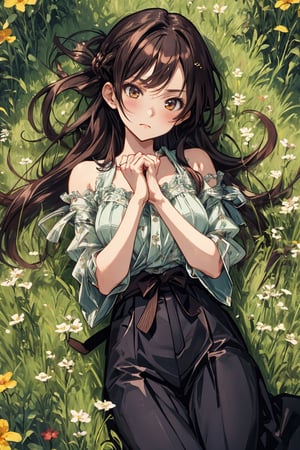 absurdres, highres, ultra detailed,(1girl), BREAK ,(looking at the viewer, laying on meadow, hands are relaxed on grass, 1girl, solo, chizuru mizuhara, [serious, expectant expression, cool looking], [small breasts], (stylish clothing),chi1, long hair