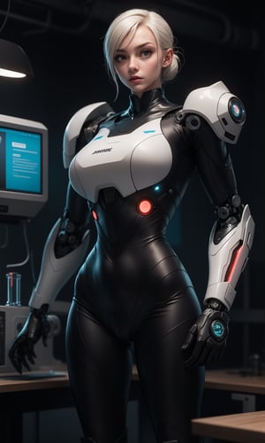 Highly detailed RAW color Photo, looking at camera, long shot, Full Body, robot, toned body, (sci-fi), hyperdetailed, raytracing, sharp focus, full body shot, character sheet, glowing neon, spot light, bright background, bright scene, inside the laboratory with white walls,