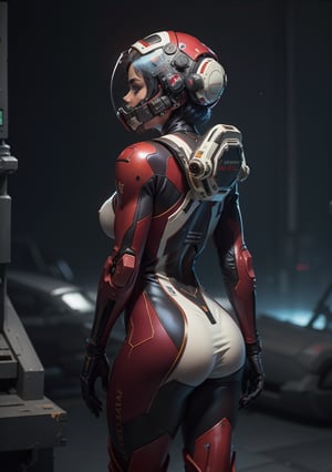tutu's cyberpunk,cyberhelmet, Highly detailed RAW color Photo, Rear Angle, Full Body, of (female space droid, wearing vivid dark red and white space suit, helmet, tined face shield, rebreather, accentuated booty), outdoors, (looking up at advanced alien structure), toned body, big butt, (sci-fi), (mountains:1.1), (two moons in sky:0.8), (highly detailed, hyperdetailed, intricate), (lens flare:0.7), (bloom:0.7), particle effects, raytracing, cinematic lighting, shallow depth of field, photographed on a Sony a9 II, 50mm wide angle lens, sharp focus, cinematic film still from Gravity 2013, (NSFW)