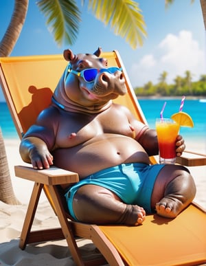 hippopotamus suntanning, laying down on a beach chair, holding exotic drink, wearing shorts, 