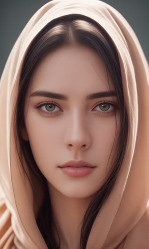 a photorealistic portrait of a stunningly beautiful woman without make-up, extremely detailed light green eyes, detailed symmetric realistic face, natural skin texture, extremely detailed skin with skin pores, peach fuzz, messy hair, wearing shawl over her head, masterpiece, absurdres, award winning photo by lee jeffries, nikon d850 film stock photograph, kodak portra 400 camera f1.6 lens, extremely detailed, amazing, fine detail, rich colors, hyper realistic lifelike texture, dramatic lighting, unrealengine, trending on artstation, cinestill 800 tungsten, looking at the viewer, photo realistic, RAW photo, TanvirTamim, high quality, highres, sharp focus, extremely detailed, cinematic lighting, 8k uhd