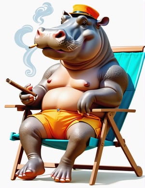 hippopotamus on a beach chair, wearing shorts, smoking cigar, cartoon style, white background