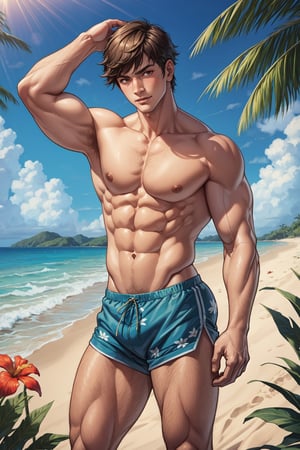 masterpiece,(bestquality:1.3),bestillustration,extremely detailed 8K wallpaper,genshin_impact, young man, muscular, clear abs, no top_wear, short hair,beach, tropical flowers