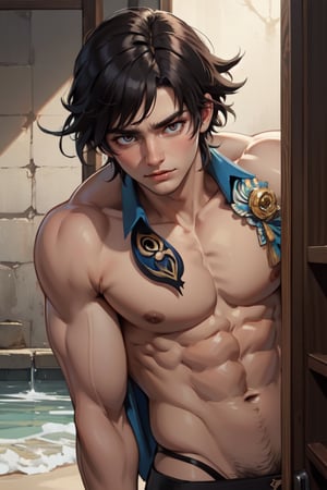 masterpiece,(bestquality:1.3),bestillustration,extremely detailed 8K wallpaper,genshin_impact, young man, muscular, clear abs, no top_wear, short hair, 