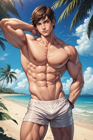 masterpiece,(bestquality:1.3),bestillustration,extremely detailed 8K wallpaper,genshin_impact, young man, muscular, clear abs, no top_wear, short hair,beach, tropical flowers, sexy pose