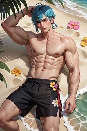 masterpiece,(bestquality:1.3),bestillustration,extremely detailed 8K wallpaper,genshin_impact, young man, muscular, clear abs, no top_wear, short hair,beach, tropical flowers