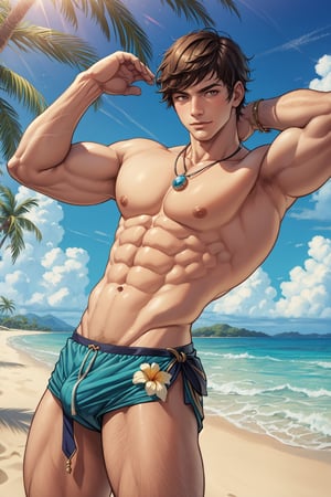 masterpiece,(bestquality:1.3),bestillustration,extremely detailed 8K wallpaper,genshin_impact, young man, muscular, clear abs, no top_wear, short hair,beach, tropical flowers, sexy pose