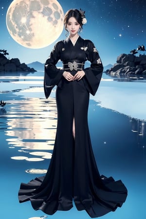 32k, perfect body, cute , cute smile, cute dress, long hair, white hair, black dress, ((black butterfly)), ((black butterfly hair ornament)), ((black butterfly shaped brooch)), ((black butterfly dress)), ((black ligth particle)), (((beautiful quality))), ((black kimono)), ((black Japanese clothing)), (((the floor is on the water surface))), ((full moon)), 