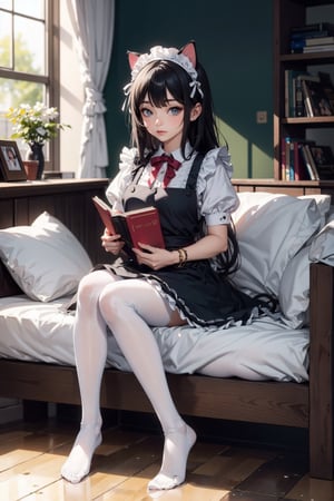 1 Girl, solo, long hair, black hair, dress, ribbon, hold, animal ear, jewelry, sitting, whole body, short sleeve, pantyhose, indoor, Cat's ears (Steamed cat-ear shaped bread), apron, bracelet, foot, book, black pantyhose, maid, maid headdress, toe, no shoes, sole, maid apron, hold books, on the floor,